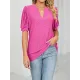 Hollow Solid Color Bishop Sleeve Loose V-neck T-Shirts Tops