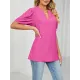 Hollow Solid Color Bishop Sleeve Loose V-neck T-Shirts Tops