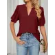 Hollow Solid Color Bishop Sleeve Loose V-neck T-Shirts Tops