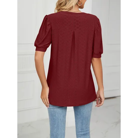 Hollow Solid Color Bishop Sleeve Loose V-neck T-Shirts Tops