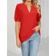 Hollow Solid Color Bishop Sleeve Loose V-neck T-Shirts Tops