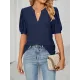 Hollow Solid Color Bishop Sleeve Loose V-neck T-Shirts Tops