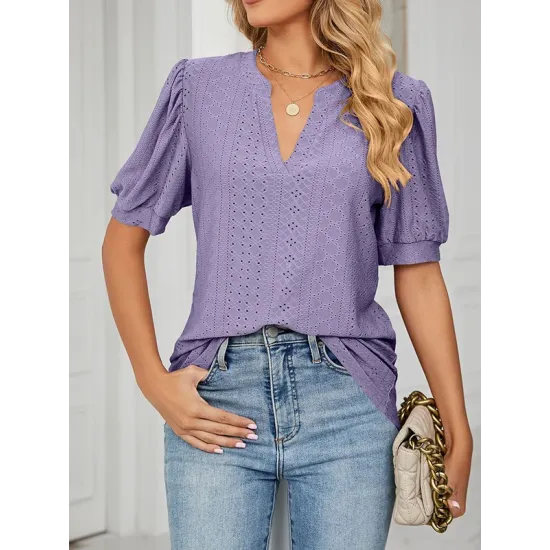Hollow Solid Color Bishop Sleeve Loose V-neck T-Shirts Tops