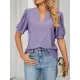 Hollow Solid Color Bishop Sleeve Loose V-neck T-Shirts Tops