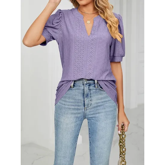 Hollow Solid Color Bishop Sleeve Loose V-neck T-Shirts Tops
