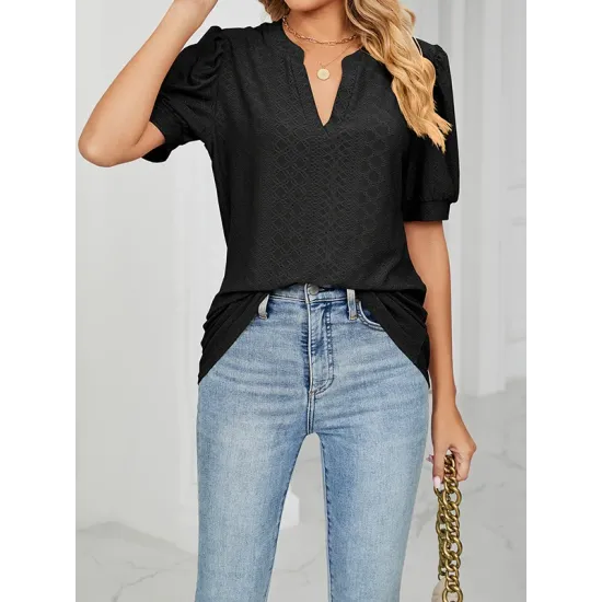 Hollow Solid Color Bishop Sleeve Loose V-neck T-Shirts Tops