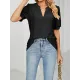 Hollow Solid Color Bishop Sleeve Loose V-neck T-Shirts Tops