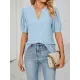 Hollow Solid Color Bishop Sleeve Loose V-neck T-Shirts Tops