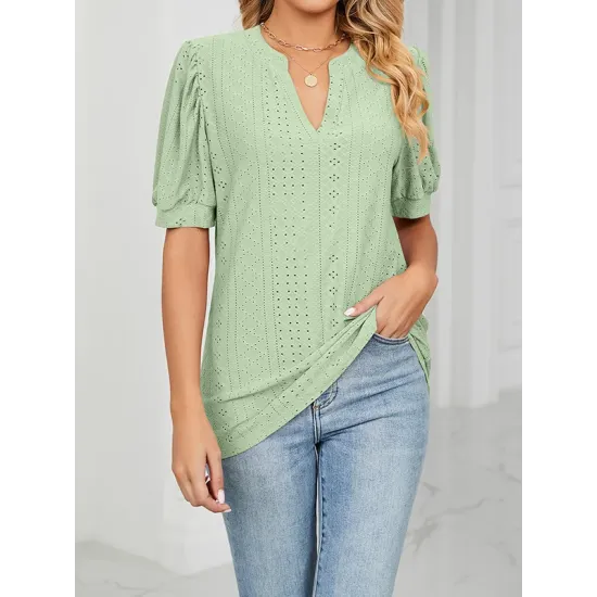 Hollow Solid Color Bishop Sleeve Loose V-neck T-Shirts Tops
