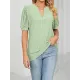 Hollow Solid Color Bishop Sleeve Loose V-neck T-Shirts Tops