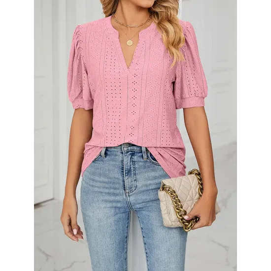Hollow Solid Color Bishop Sleeve Loose V-neck T-Shirts Tops