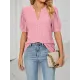 Hollow Solid Color Bishop Sleeve Loose V-neck T-Shirts Tops