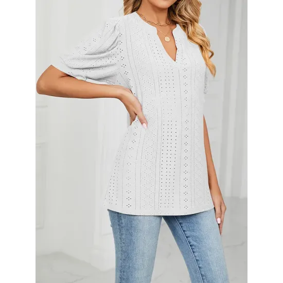 Hollow Solid Color Bishop Sleeve Loose V-neck T-Shirts Tops