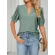 Hollow Solid Color Bishop Sleeve Loose V-neck T-Shirts Tops