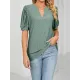 Hollow Solid Color Bishop Sleeve Loose V-neck T-Shirts Tops