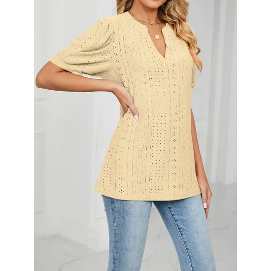 Hollow Solid Color Bishop Sleeve Loose V-neck T-Shirts Tops