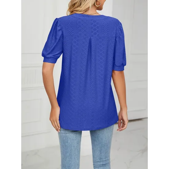 Hollow Solid Color Bishop Sleeve Loose V-neck T-Shirts Tops