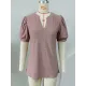 Hollow Solid Color Bishop Sleeve Loose V-neck T-Shirts Tops