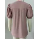 Hollow Solid Color Bishop Sleeve Loose V-neck T-Shirts Tops
