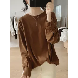 Solid Color Long Sleeves Loose Round-neck T-Shirts Tops