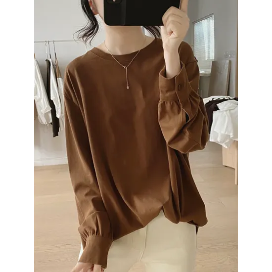 Solid Color Long Sleeves Loose Round-neck T-Shirts Tops Solid Color Long Sleeves Loose Round-neck T-Shirts Tops