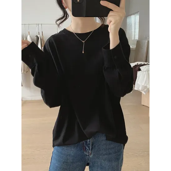 Solid Color Long Sleeves Loose Round-neck T-Shirts Tops Solid Color Long Sleeves Loose Round-neck T-Shirts Tops