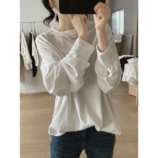 Solid Color Long Sleeves Loose Round-neck T-Shirts Tops Solid Color Long Sleeves Loose Round-neck T-Shirts Tops