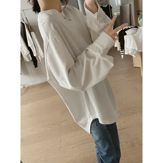 Solid Color Long Sleeves Loose Round-neck T-Shirts Tops Solid Color Long Sleeves Loose Round-neck T-Shirts Tops