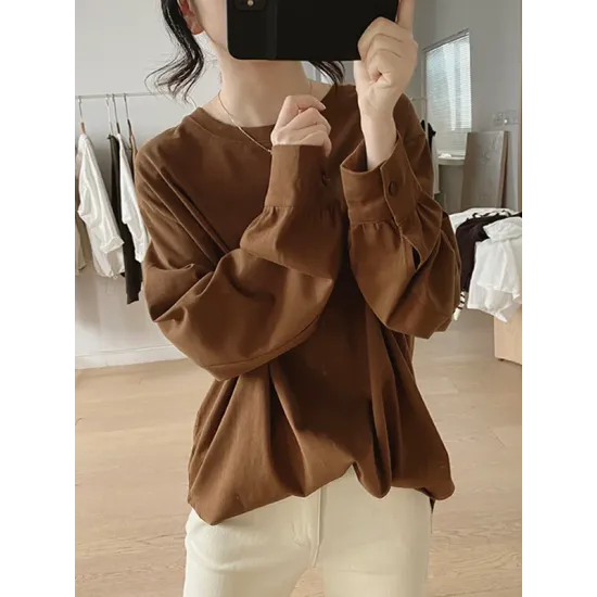 Solid Color Long Sleeves Loose Round-neck T-Shirts Tops Solid Color Long Sleeves Loose Round-neck T-Shirts Tops