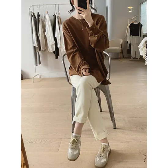 Solid Color Long Sleeves Loose Round-neck T-Shirts Tops Solid Color Long Sleeves Loose Round-neck T-Shirts Tops