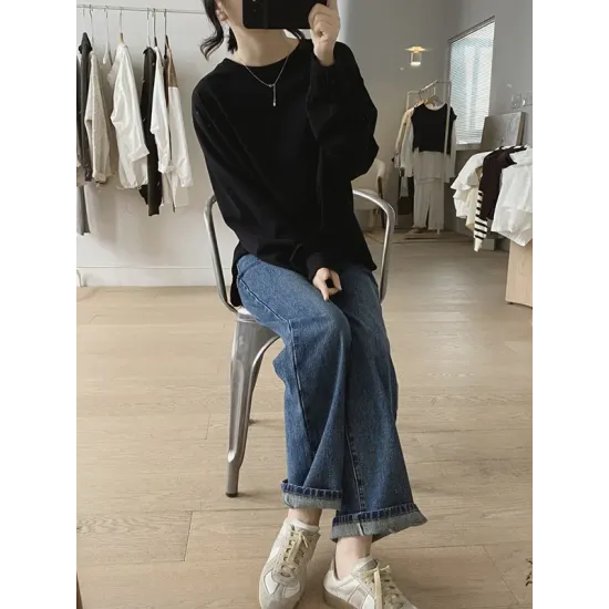 Solid Color Long Sleeves Loose Round-neck T-Shirts Tops Solid Color Long Sleeves Loose Round-neck T-Shirts Tops