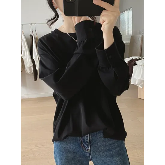 Solid Color Long Sleeves Loose Round-neck T-Shirts Tops Solid Color Long Sleeves Loose Round-neck T-Shirts Tops