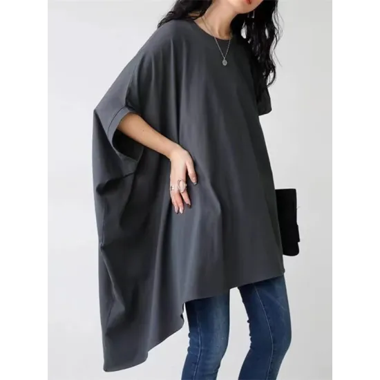 Solid Color Batwing Sleeves Half Sleeves Round-Neck T-Shirts Tops Solid Color Batwing Sleeves Half Sleeves Round-Neck T-Shirts Tops
