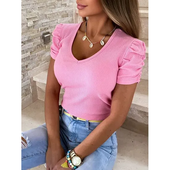 Solid Color Puff Sleeves Short Sleeves V-Neck T-Shirts Solid Color Puff Sleeves Short Sleeves V-Neck T-Shirts