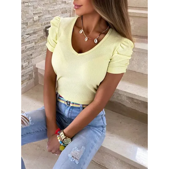 Solid Color Puff Sleeves Short Sleeves V-Neck T-Shirts Solid Color Puff Sleeves Short Sleeves V-Neck T-Shirts