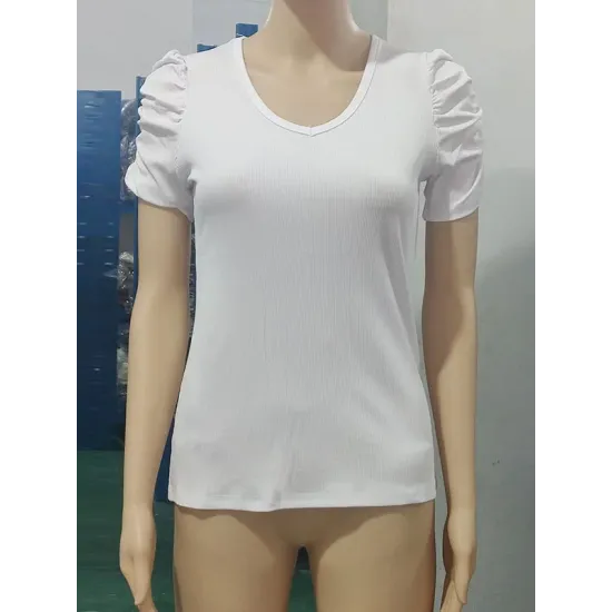 Solid Color Puff Sleeves Short Sleeves V-Neck T-Shirts Solid Color Puff Sleeves Short Sleeves V-Neck T-Shirts
