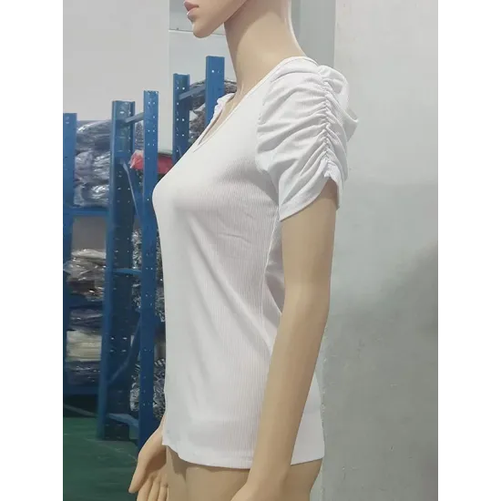 Solid Color Puff Sleeves Short Sleeves V-Neck T-Shirts Solid Color Puff Sleeves Short Sleeves V-Neck T-Shirts