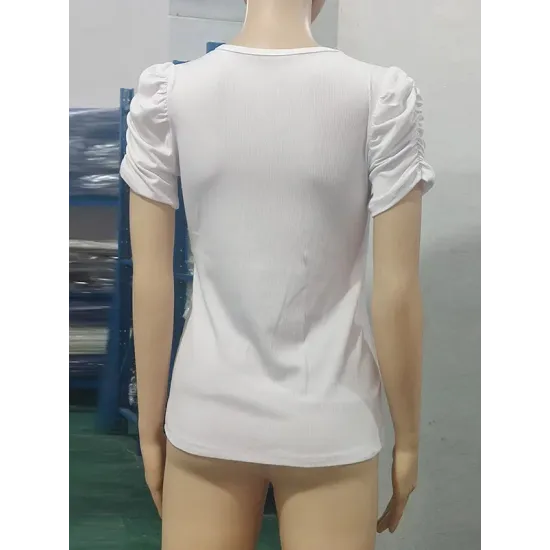 Solid Color Puff Sleeves Short Sleeves V-Neck T-Shirts Solid Color Puff Sleeves Short Sleeves V-Neck T-Shirts