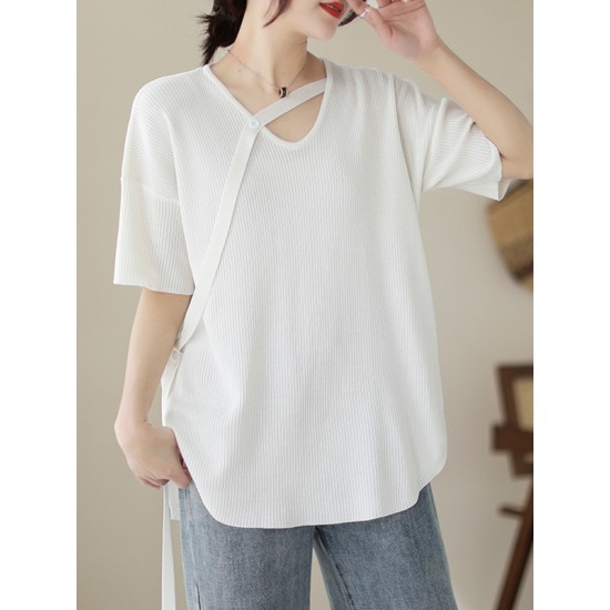 Solid Color Loose Short Sleeves V-neck T-shirts Solid Color Loose Short Sleeves V-neck T-shirts