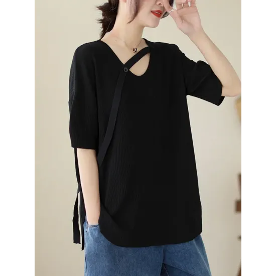 Solid Color Loose Short Sleeves V-neck T-shirts Solid Color Loose Short Sleeves V-neck T-shirts