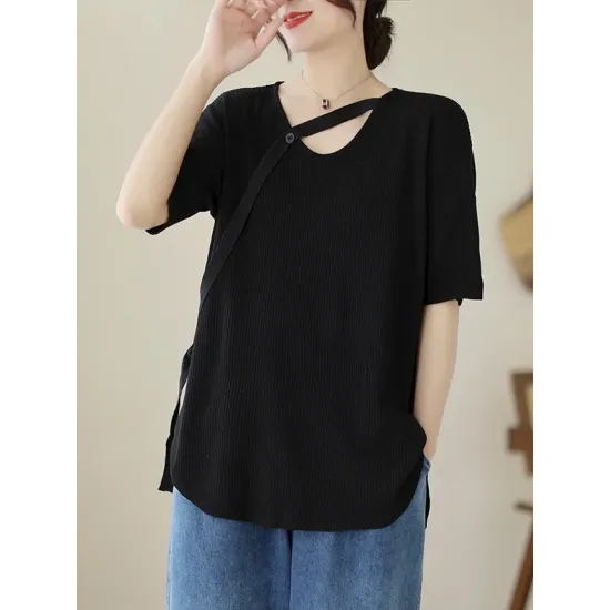 Solid Color Loose Short Sleeves V-neck T-shirts Solid Color Loose Short Sleeves V-neck T-shirts