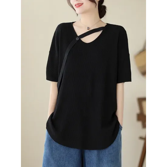 Solid Color Loose Short Sleeves V-neck T-shirts Solid Color Loose Short Sleeves V-neck T-shirts