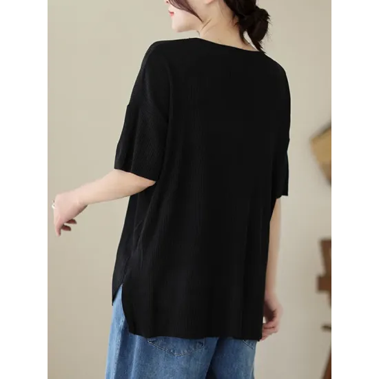 Solid Color Loose Short Sleeves V-neck T-shirts Solid Color Loose Short Sleeves V-neck T-shirts