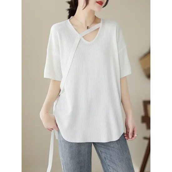 Solid Color Loose Short Sleeves V-neck T-shirts Solid Color Loose Short Sleeves V-neck T-shirts