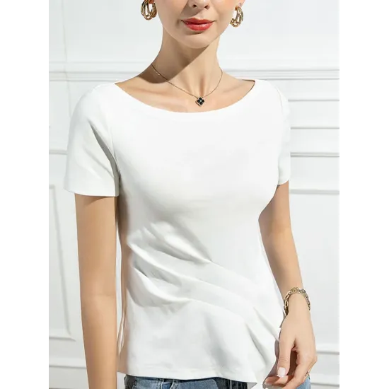 Pleated Solid Color Irregular clipping Short Sleeves Round-neck T-Shirts Tops Pleated Solid Color Irregular clipping Short Sleeves Round-neck T-Shirts Tops