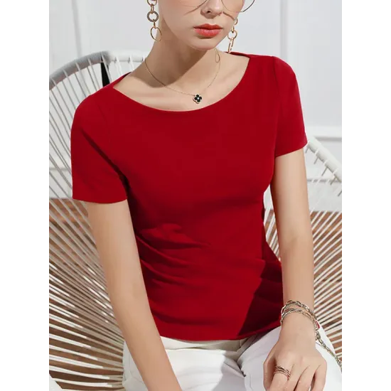 Pleated Solid Color Irregular clipping Short Sleeves Round-neck T-Shirts Tops Pleated Solid Color Irregular clipping Short Sleeves Round-neck T-Shirts Tops