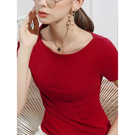 Pleated Solid Color Irregular clipping Short Sleeves Round-neck T-Shirts Tops Pleated Solid Color Irregular clipping Short Sleeves Round-neck T-Shirts Tops