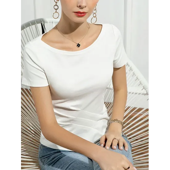 Pleated Solid Color Irregular clipping Short Sleeves Round-neck T-Shirts Tops Pleated Solid Color Irregular clipping Short Sleeves Round-neck T-Shirts Tops