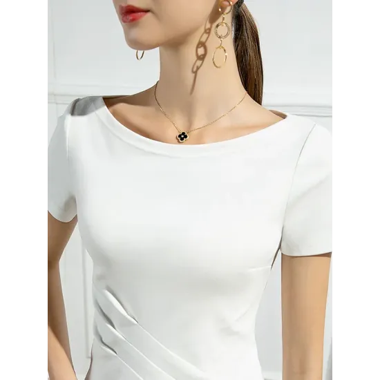 Pleated Solid Color Irregular clipping Short Sleeves Round-neck T-Shirts Tops Pleated Solid Color Irregular clipping Short Sleeves Round-neck T-Shirts Tops