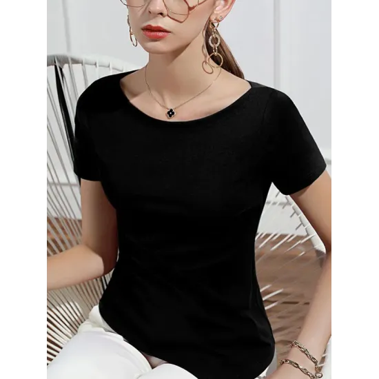 Pleated Solid Color Irregular clipping Short Sleeves Round-neck T-Shirts Tops Pleated Solid Color Irregular clipping Short Sleeves Round-neck T-Shirts Tops